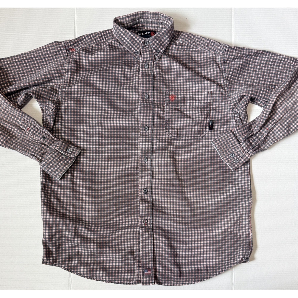 ARIAT FR - Men's Long Sleeve Shirt - Gray Red Plaid Flame Resistant Button-Large